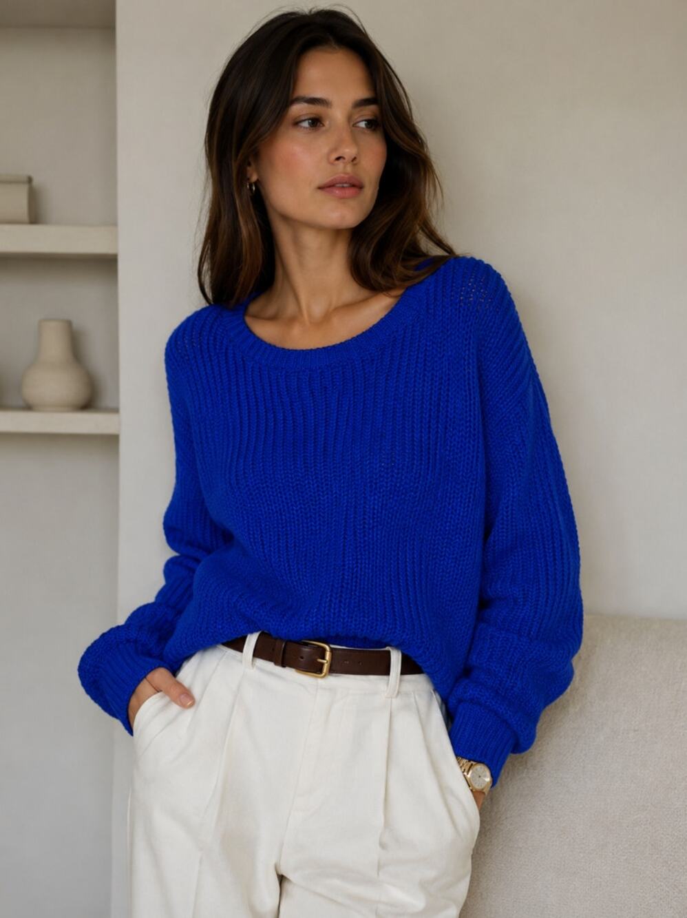 DEMYLEE Scoop Neck Cotton Sweater Royal Blue Sz M $228 {3H43}